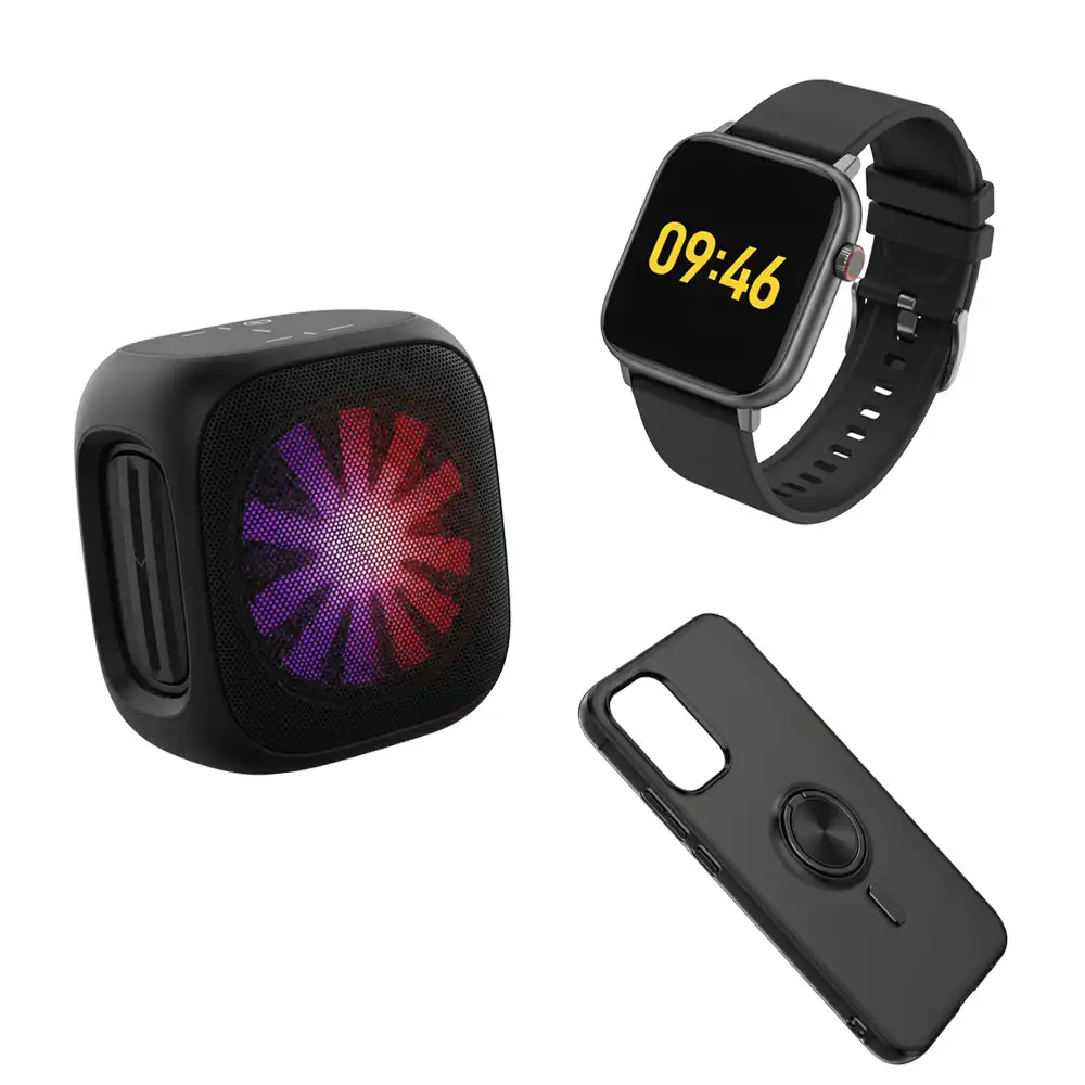 Une enceinte portable lumineuse, une montre connectée noire et une coque de téléphone.